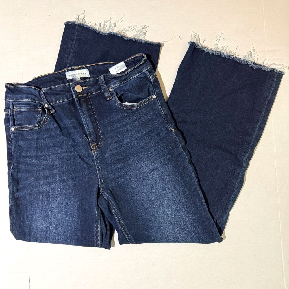 Risen Jeans, Mid-Rise Cropped Ankle Flare, 29 Dark Wash Raw Hem Seam Details
